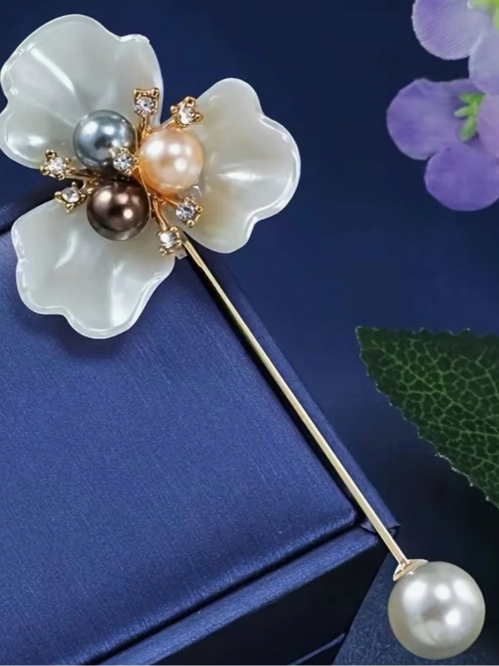 Pearl Floral Brooch Pin - Multicolor Pearls on White Flower NEW With Box